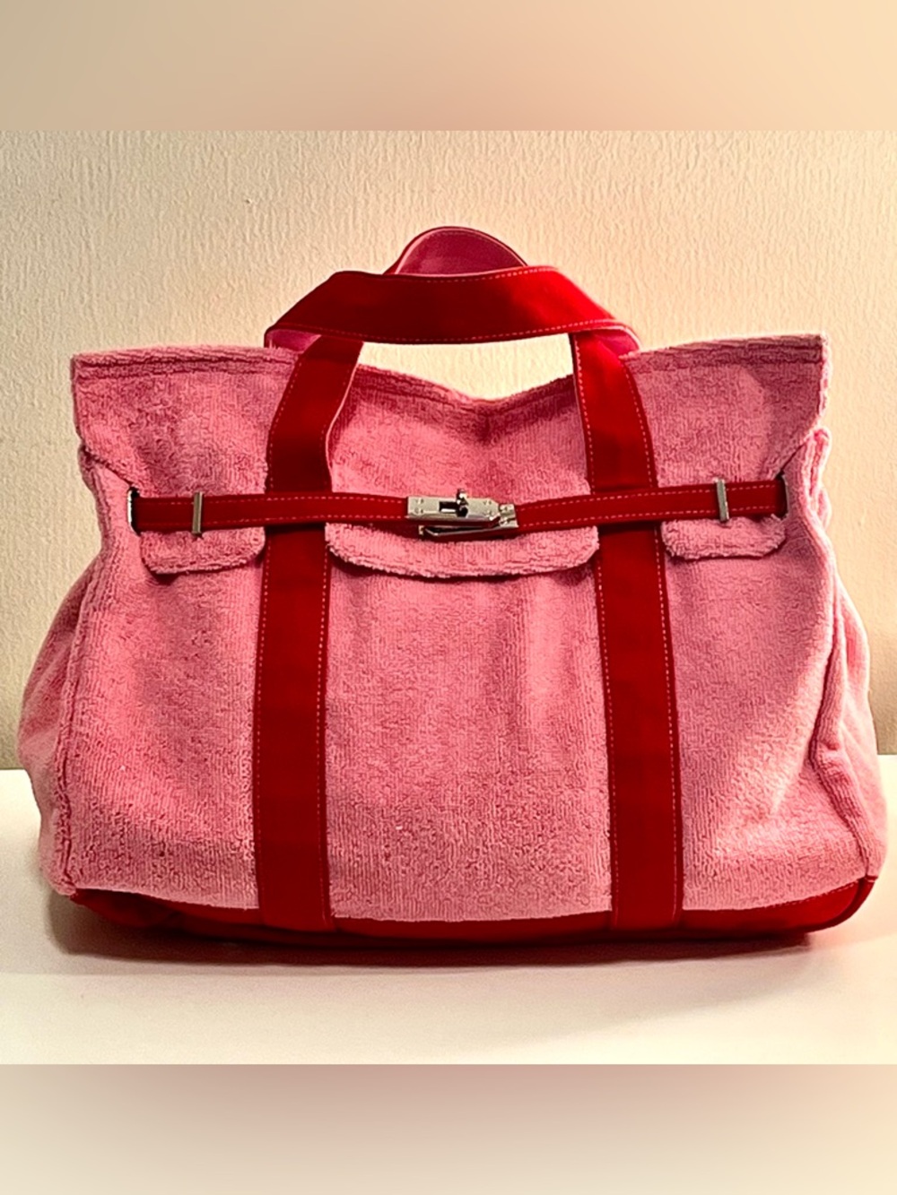 Pink and Red Boatkin Tote Bag with Silver Hardware.